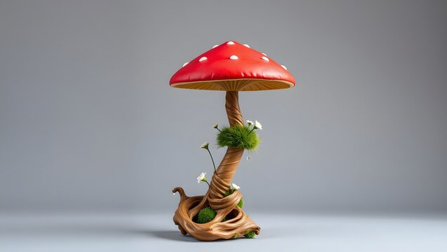 Fantasy Red Mushroom Sculpture with Twisted Roots and Moss