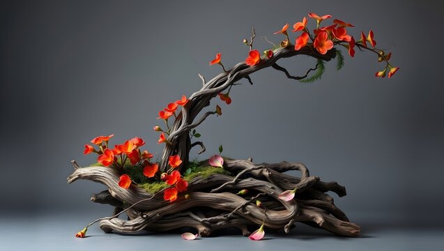 Dramatic Twisted Tree Root Sculpture with Orange Leaves and Blossoms