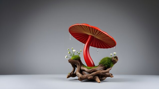 Fantasy Red Mushroom with Curved Stem, Roots and Green Moss