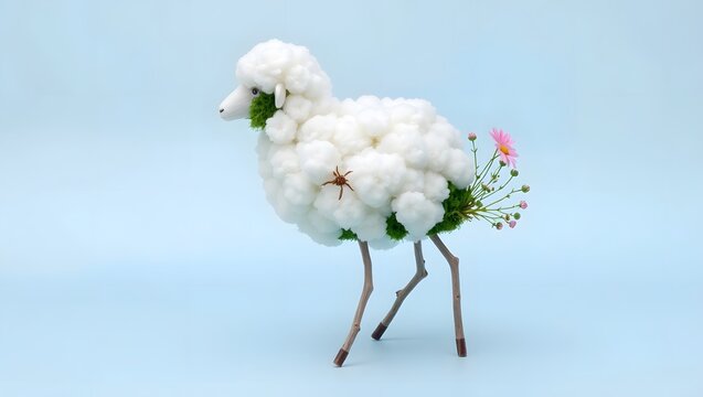 Minimal White Cotton Sheep Sculpture on Soft Blue Background