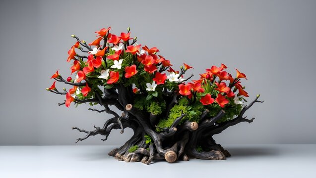 Surreal Flowering Tree Sculpture with Twisted Roots and Red Blossoms