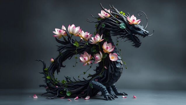 Dark Fantasy Dragon Sculpture with Pink Blossoms and Twisted Branches