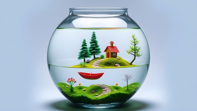 Magical Miniature Island Landscape Inside a Glass Bowl
