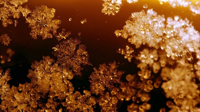 Golden snowflake patterns glow against dark amber background with soft bokeh highlights and intricate crystalline textures
