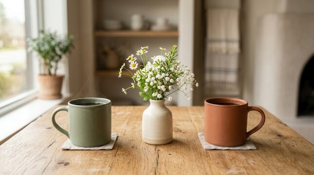 Two coffee mugs and a small vase with wild flowers on a rustic wooden table by a bright home window in the morning