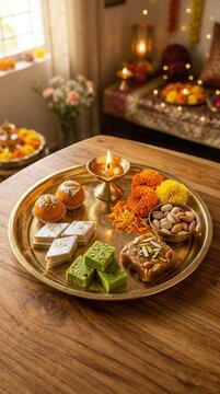 Traditional indian sweet treats and marigold flowers on a brass plate for diwali festival celebration at home