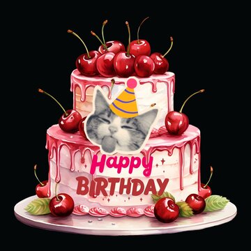Cat Party Hat Birthday Cake Graphic - Two Tierl Cherry Drip Cake with Halftone Cat Head and Happy Birthday Textt