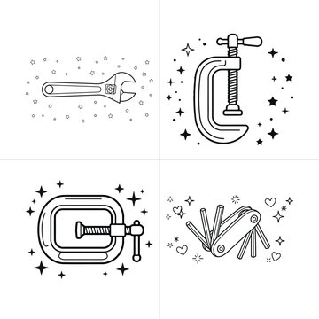 Set of outline hand tools featuring wrench and clamps for manual repair work and assembly.