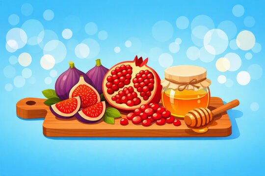 Fig pomegranate and honey on wooden cutting board with jar and dipper on bright blue background for food banner and kitchen design