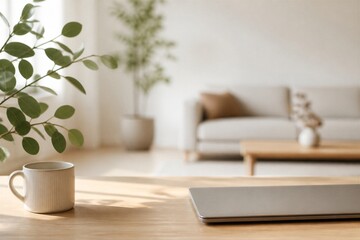 Fototapeta premium Sunlight spills across a minimalist wooden table. Ceramic mug and closed laptop sit quietly. Potted leaves add soft green contrast. Background sofa and plant frame tranquil living space