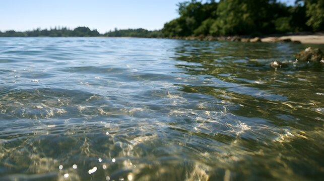 Sunlight dances on the surface of calm shallow water near a tree lined shore under clear blue sky