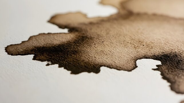 Close up of a dark brown tea stain spreading across textured white paper surface with soft lighting and natural gradient edges