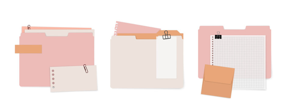 A set of illustrations featuring document folders with stationery, notes, and paperclips. Folder templates in pastel pink and peach colors.
