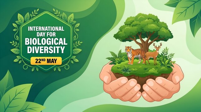 International Day for Biological Diversity Concept with Hands Holding Ecosystem, Tiger, and Deer on Green Background