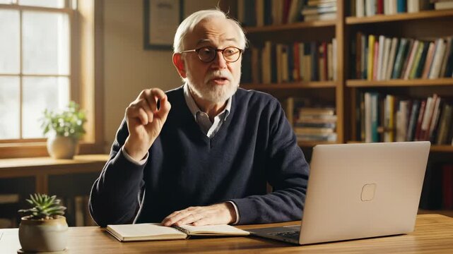 Senior man teaches online using laptop with notebook at desk. Professor explains lesson while teaching. Elderly man gestures during online class. Senior teaches with laptop and notebook at home.