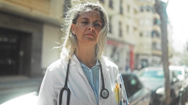 Woman doctor, middle age blonde in white coat wearing stethoscope, holding clipboard and pens and standing on a city street, looking resolute; determination.