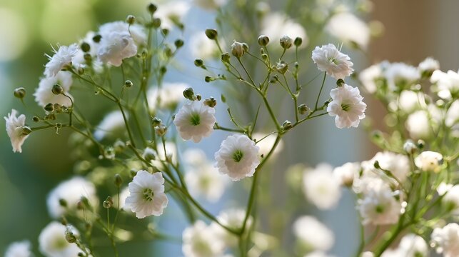Delicate white gypsophila flowers in soft focus with green stems and buds under natural daylight