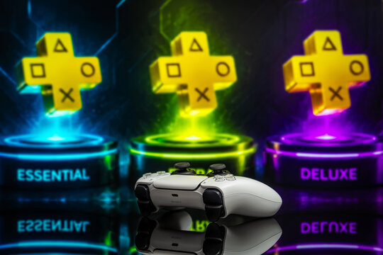 August 21, 2026, Odessa, Ukraine.  Sony PS5 controller with glowing PlayStation Plus tiers back
