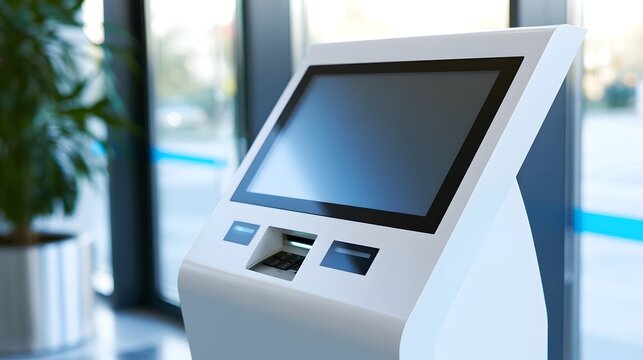 Modern self service kiosk with touchscreen display and card reader in a bright indoor setting near glass doors