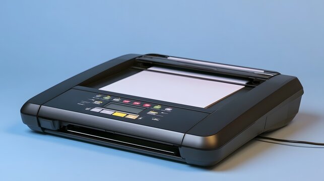 A black portable document scanner sits on a blue surface  showing its control panel and open scanning bed
