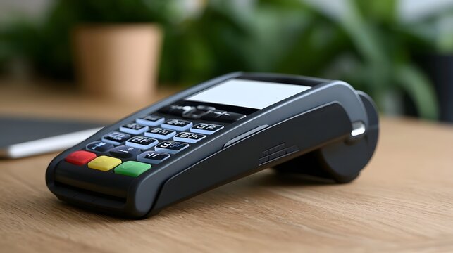 Modern payment terminal with numeric keypad and color coded buttons resting on wooden surface near greenery