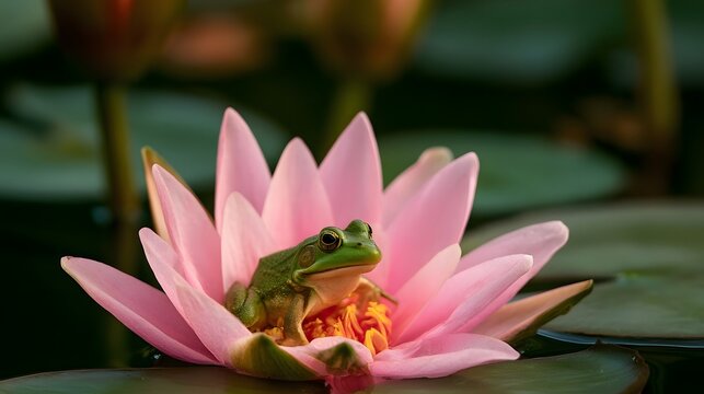 A green frog perches calmly on a blooming pink lotus flower with soft petals and yellow center  surrounded by lush green lily pads