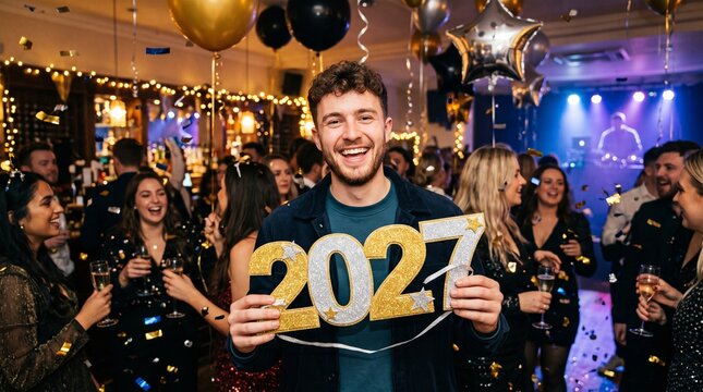 Man holding 2027 numbers at a New Year's Eve party celebration with confetti and balloons