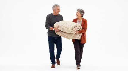 Obraz premium Smiling Senior Couple Walking Together Carrying a Cozy Knitted Blanket