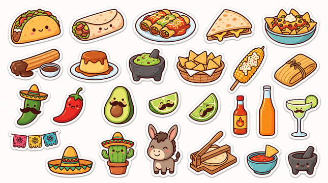 A collection of colorful vector illustrations depicts traditional mexican cuisine and associated cultural elements taco burrito enchilada quesadilla nachos salsa guacamole tortilla
