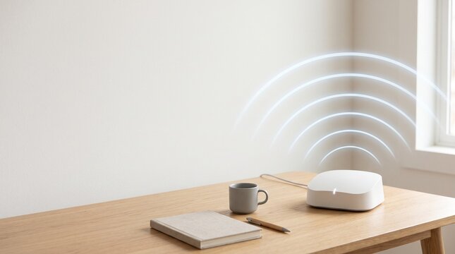 Modern home office desk with a white wireless router emitting signal waves near a notebook and mug