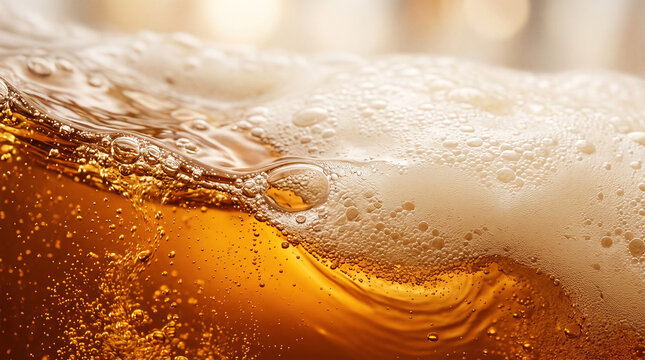oktoberfest macro close up of golden beer liquid wave with thick white foam and bubbles