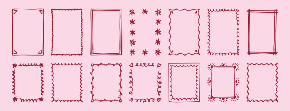 Wavy frame border pink romantic doodle hand drawn icon. Outline drawing curly frame line clipart symbol.