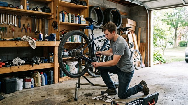 Man kneeling in garage repairing bicycle drivetrain with tools and spare parts around him