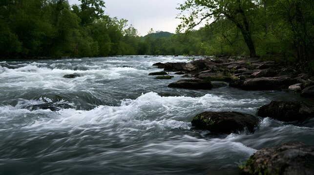Rapid river flows over mossy rocks surrounded by dense green forest under overcast sky with atmospheric depth