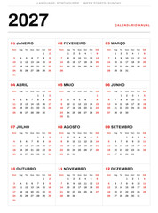 Naklejka premium Modern 2027 portrait calendar in portuguese for Portugal sunday start