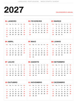 Modern 2027 portrait calendar in portuguese for Portugal sunday start