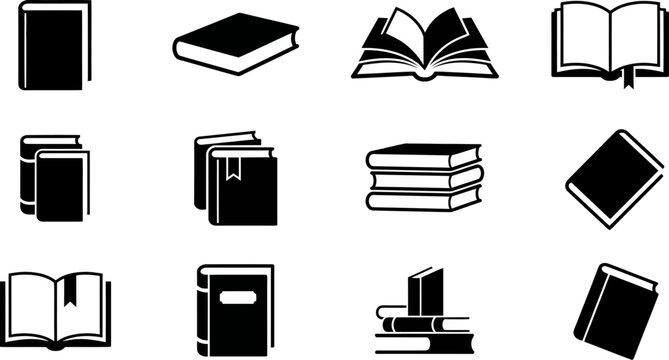 Minimalist black book icons set in various angles and open pages for library education and reading logo design.