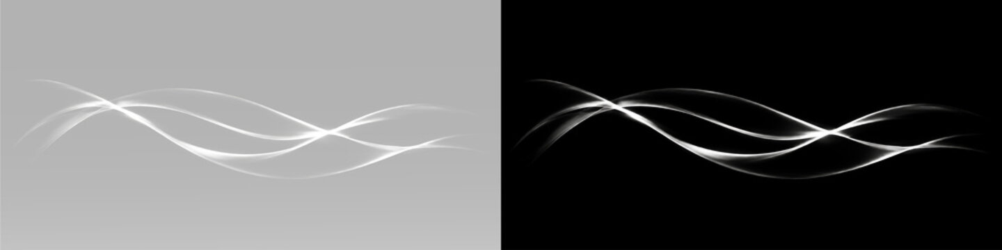 Elegant white flowing wave lines crossing in smooth curves with minimal monochrome design and delicate luminous motion