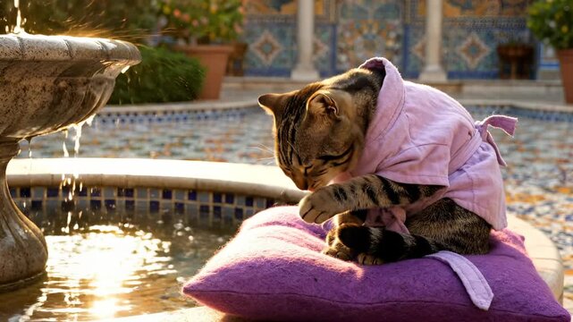 Cat wearing pink robe sits on purple towel by fountain. Kitten relaxes near water in spa bathrobe. Pet enjoys luxury grooming session. Cat in robe at wellness spa. Kitten pampered with towel treatment
