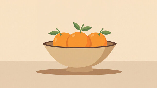 This delightful minimalist illustration features three fresh oranges in a simple bowl against a soft backdrop, merging simplicity and freshness in a vibrant yet understated style.