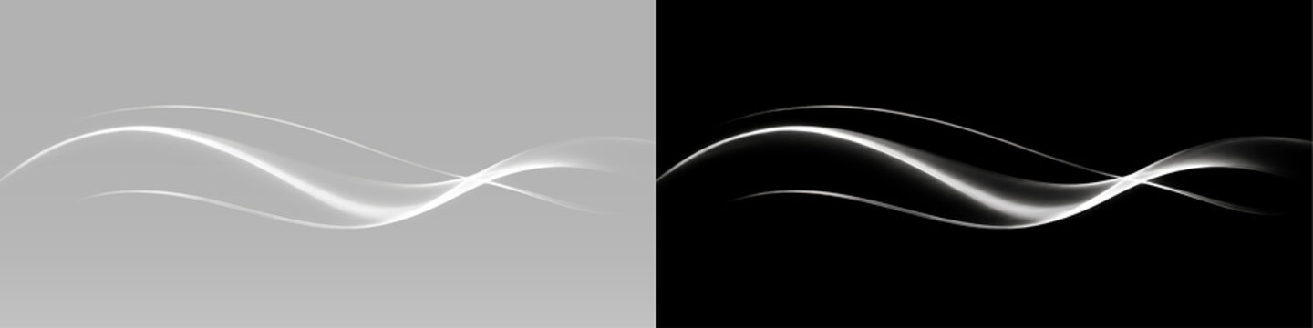 white wave lines with soft glow, smooth crossings and dynamic flowing light trails for modern design overlays