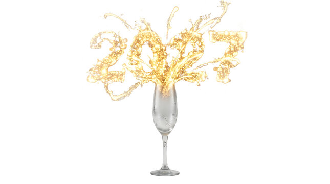 A sophisticated champagne flute is filled with a brilliant golden sparkling liquid creatively shaped into the numbers two zero two four isolated on clear