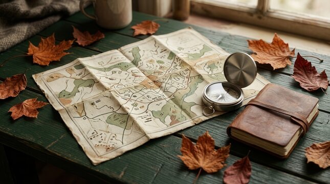 Old metal compass and paper map on a rustic wooden table with scattered colorful autumn leaves for travel planning