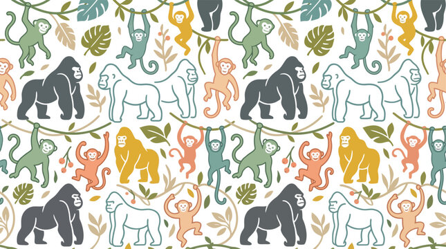 Seamless pattern with cute monkeys and gorillas in a tropical jungle setting with green leaves and vine branches