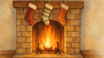 Fototapeta premium Cozy fireplace with Christmas stockings.