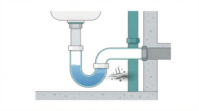 The image shows a plumbing system with a trap water seal designed for a septic tank setup. It helps manage residential wastewater efficiently.