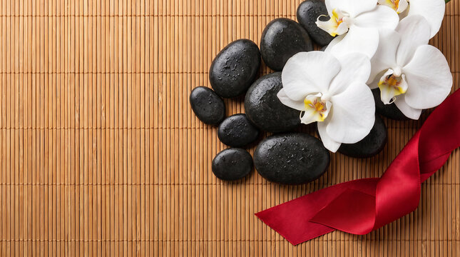 White orchid blossoms with wet black massage stones and red ribbon.