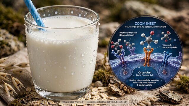 Conceptual dairy nutrition graphic featuring a glass of milk with a magnified biological inset of vitamin d binding to osteoblast cell receptors for bone density development