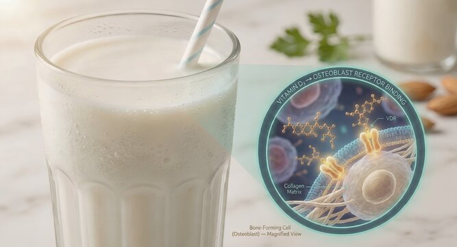 Glass of fresh white milk with a detailed scientific inset showing vitamin d molecules binding to cellular receptors on osteoblast bone forming cells to support skeletal strength