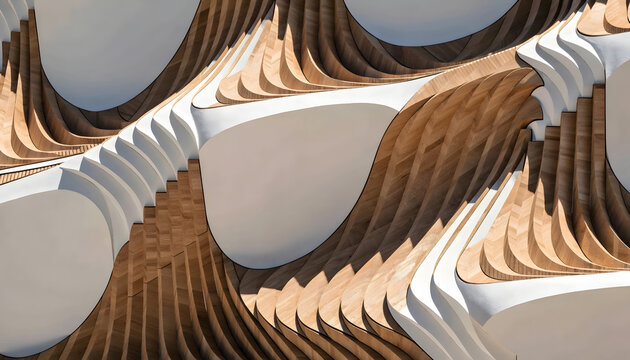 Parametric wooden architecture, organic wave pattern wall, futuristic timber facade design, abstract curved wood texture